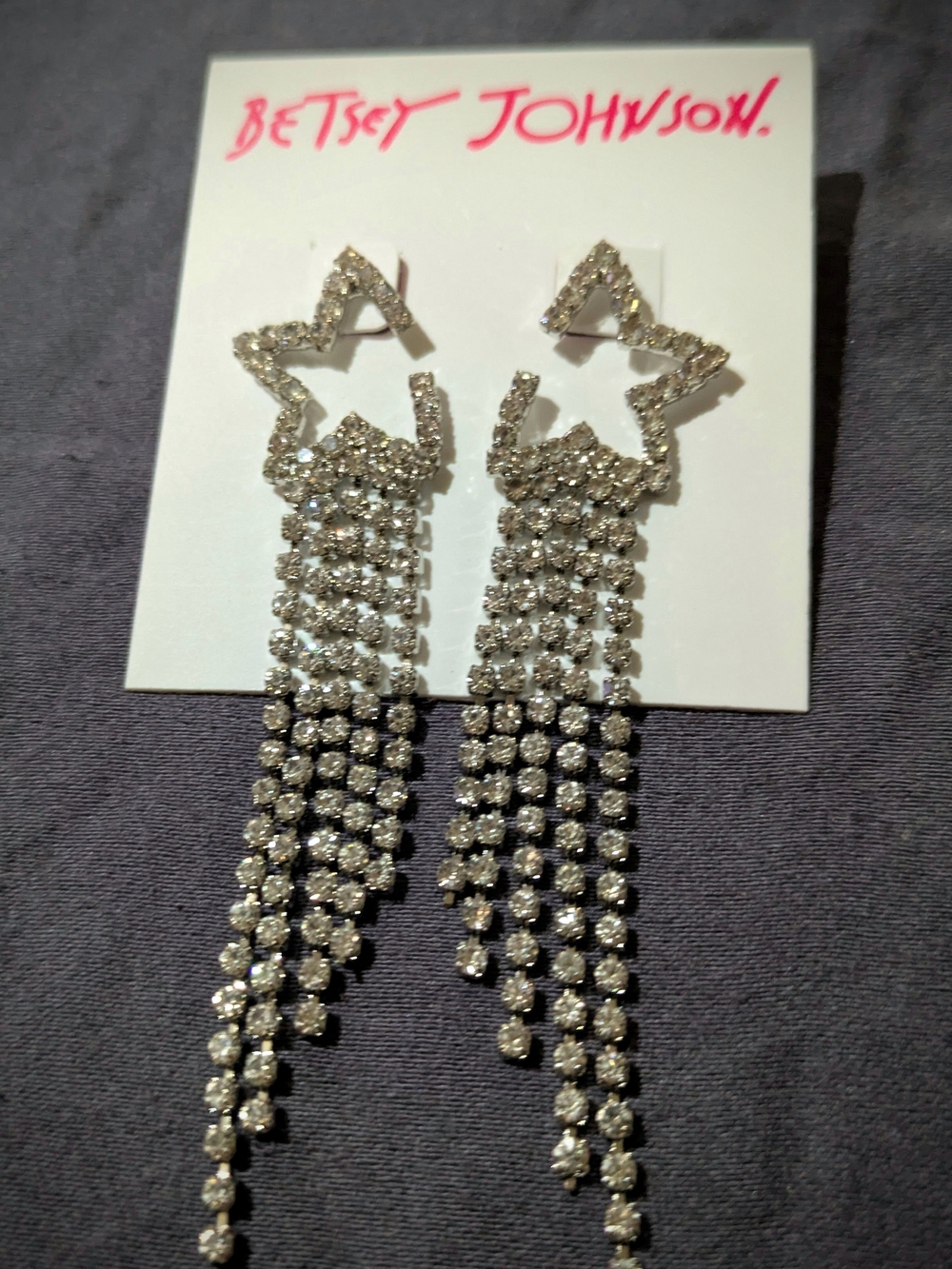 Betsey Johnson Silver Star Rhinestone Fringe Drop Earrings